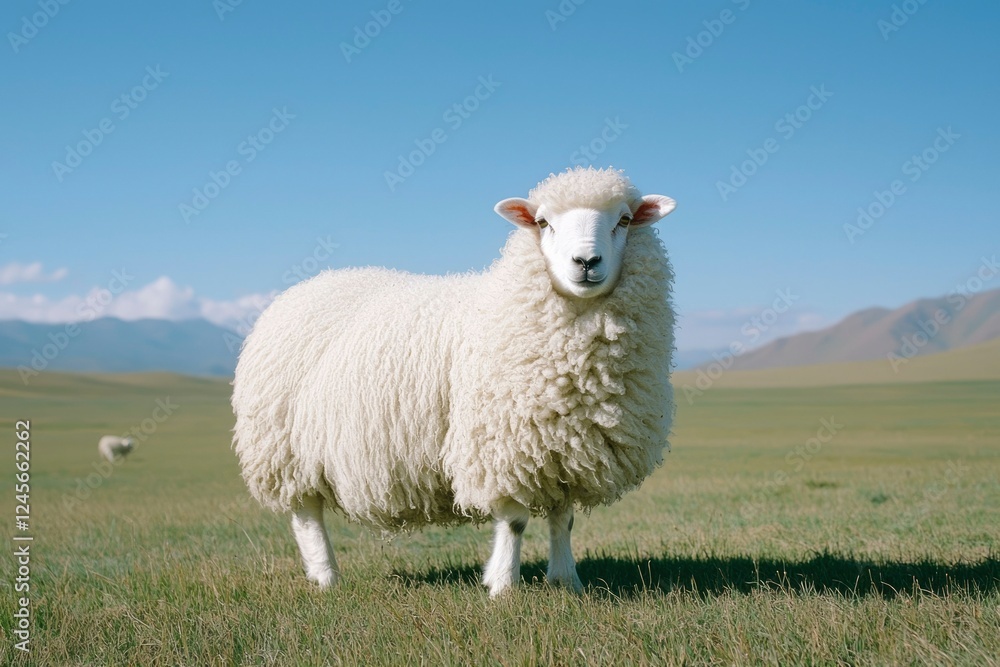 Obraz premium Fluffy White Sheep Grazing in a Green Pasture