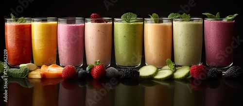 Fototapeta Naklejka Na Ścianę i Meble -  Colorful array of smoothies in clear glasses with vibrant fruits and vegetables on dark background highlighting fresh ingredients and ample copy space.