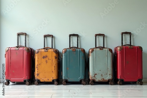 Row of distressed suitcases, various sizes, long perspective, antique, line, baggage photo