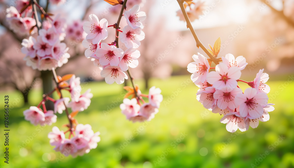 Obraz premium Cherry blossoms in spring sunlight with green background