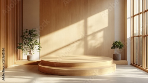 A wooden podium with a smooth, natural finish, in a minimalist room with bright natural light 