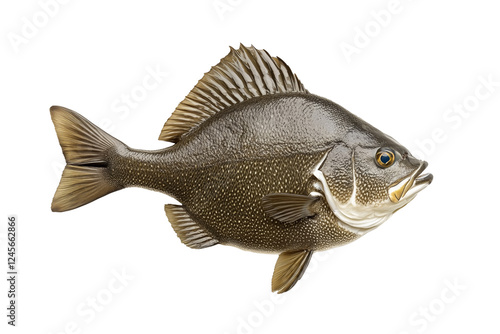 Detailed closeup of Pacific Halibut fish with shiny scales, fins and tail isolated on white transparent background, concept of marine life photo