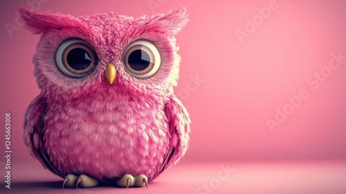 A cute pink owl with large eyes against a soft pink background.