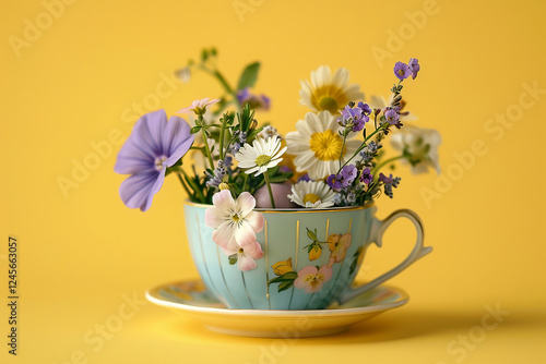 Wallpaper Mural Spring flowers in a cup of tea on a yellow background, spring holiday and a cozy tea party. Torontodigital.ca