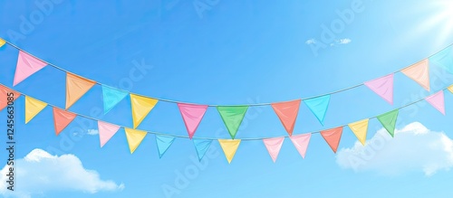 Colorful triangular paper flags in pink, orange, green, and blue strung across a bright blue sky with soft clouds on a sunny festive day