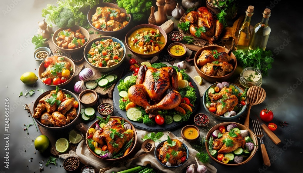 Roasted chicken with potatoes and herbs in a wooden dish. Roasted chicken with potatoes and herbs in a wooden dish.