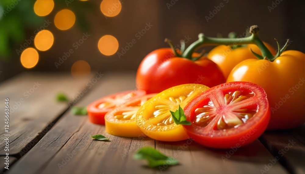 Juicy Sliced Tomatoes on Rustic Wooden Table Juicy Sliced Tomatoes on Rustic Wooden Table