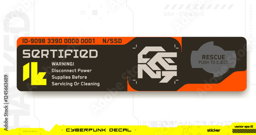 Cyberpunk decal. Vector sticker, label in futuristic style. Inscription Sertified