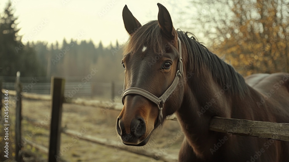 Obraz premium Majestic Brown Horse in a Peaceful Countryside Setting