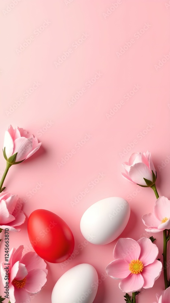 Colorful composition of red eggs and flowers on pastel pink background. Easter banner. Colorful composition of red eggs and flowers on pastel pink background. Easter banner.