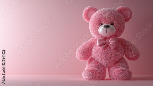 A cute pink teddy bear with a bow, set against a soft pink background.
