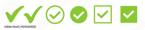 Green check mark  icon set. Circle and square. Tick symbol in green color, vector illustration.