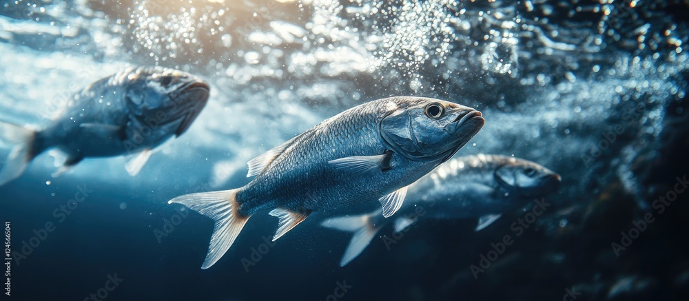 Fototapeta premium Graceful silvery fish swim in a sunlit underwater scene with shimmering scales against a deep blue background creating a mesmerizing aquatic display