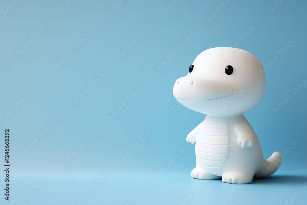 A cute white dinosaur toy stands against a soft blue background. A cute white dinosaur toy stands against a soft blue background.