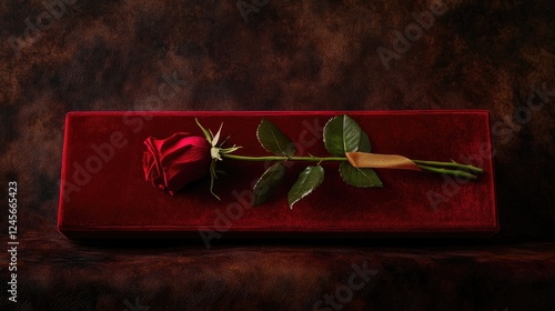 A single red rose resting on a red velvet box, with a golden ribbon elegantly tied, creating a sophisticated and romantic Valentine's Day concept
