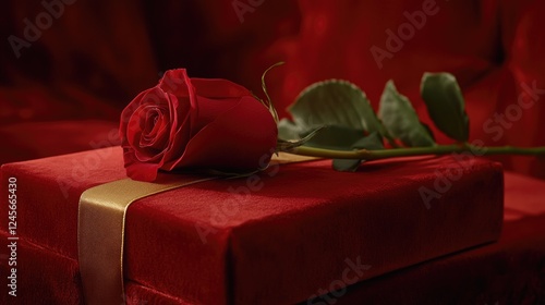 A single red rose resting on a red velvet box, with a golden ribbon elegantly tied, creating a sophisticated and romantic Valentine's Day concept