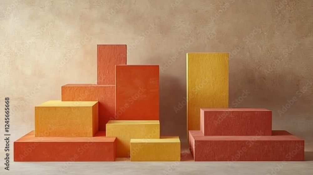 A captivating display of vibrant orange and yellow podiums, arranged against a simple backdrop. A perfect canvas for showcasing products or creating alluring advertisements. A captivating display of vibrant orange and yellow podiums, arranged against a simple backdrop. A perfect canvas for showcasing products or creating alluring advertisements.