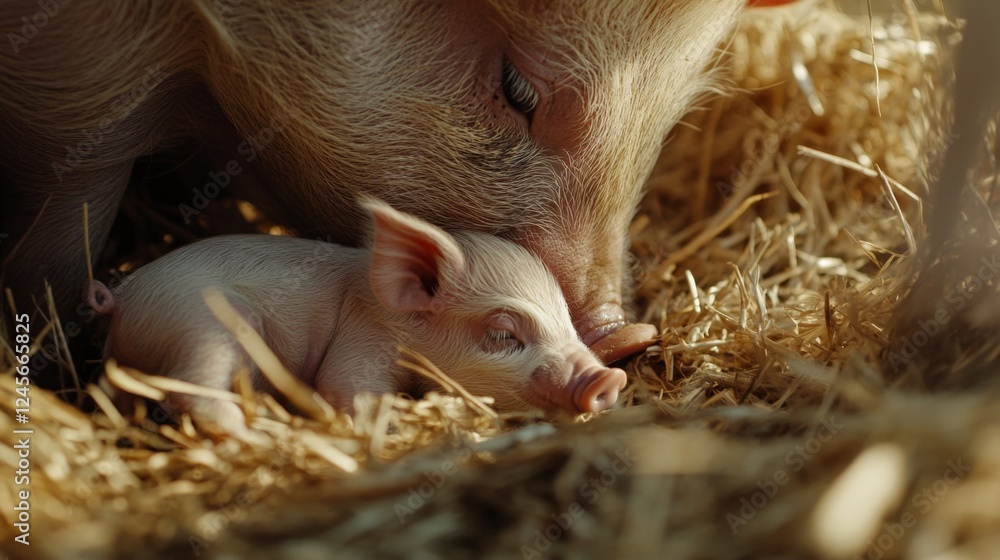 Mother Pig and Baby Piglet in Hay Nest Mother Pig and Baby Piglet in Hay Nest
