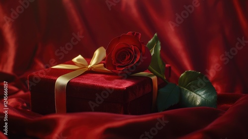 A single red rose resting on a red velvet gift box with a golden ribbon, placed on a silky background, radiating love, romance, and elegance for Valentine's Day