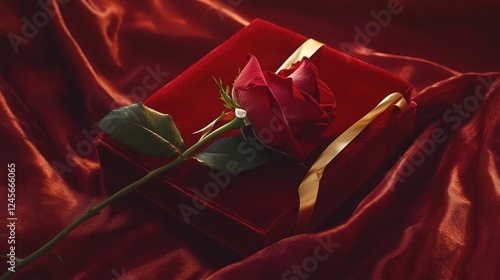 A single red rose resting on a red velvet gift box with a golden ribbon, placed on a silky background, radiating love, romance, and elegance for Valentine's Day