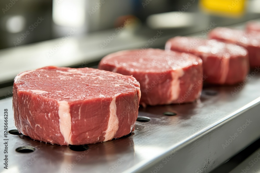 Raw beef tenderloin steaks on a metal tray, ready for preparation in a commercial kitchen. Raw beef tenderloin steaks on a metal tray, ready for preparation in a commercial kitchen.