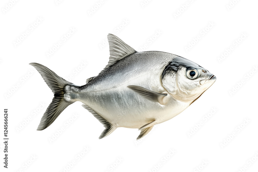 Fototapeta premium A silver Pomfret fish with striking details of fins and scales isolated on white Transparent background. Represents aquatic life and marine biology