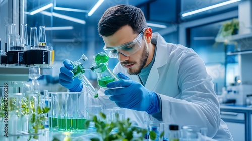 scientist studying green liquid in lab - sustainability