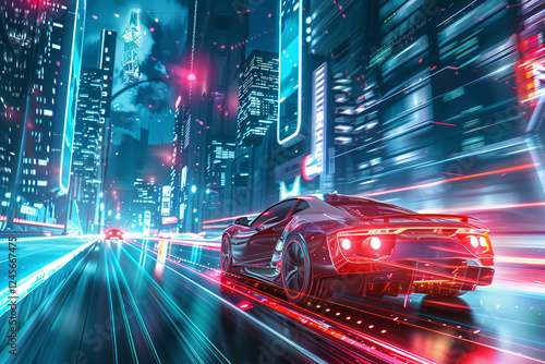 A red sports car is driving down a wet street in a city, night, with the street lights illuminating the area, earn gaming crypto tokens and cryptocurrency project future.
