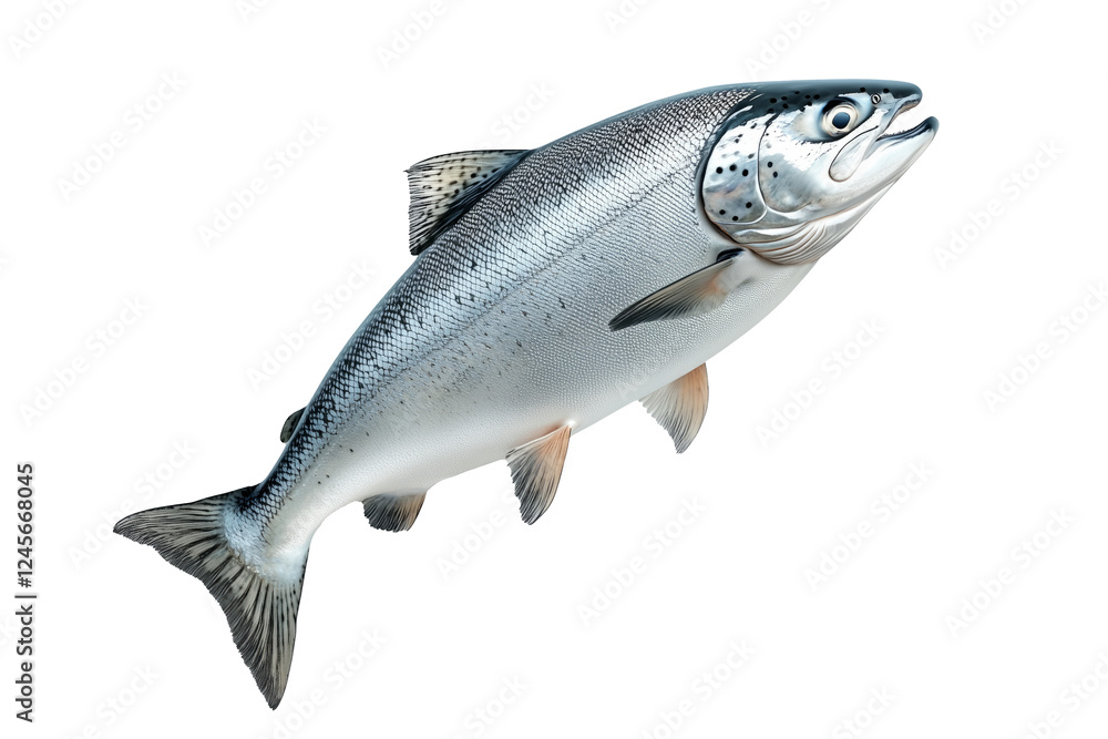 Obraz premium Silver salmon fish with fine details, textured scales and fins isolated on white transparent background. Concept of aquatic life