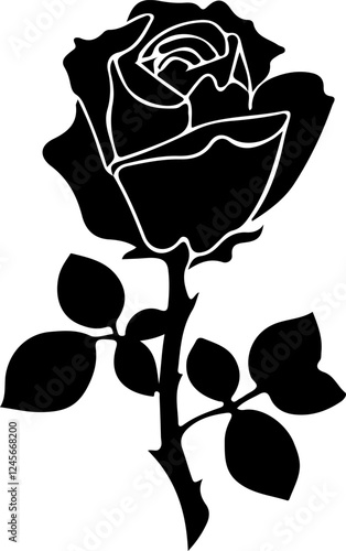 A black rose illustration with leaves and thorns