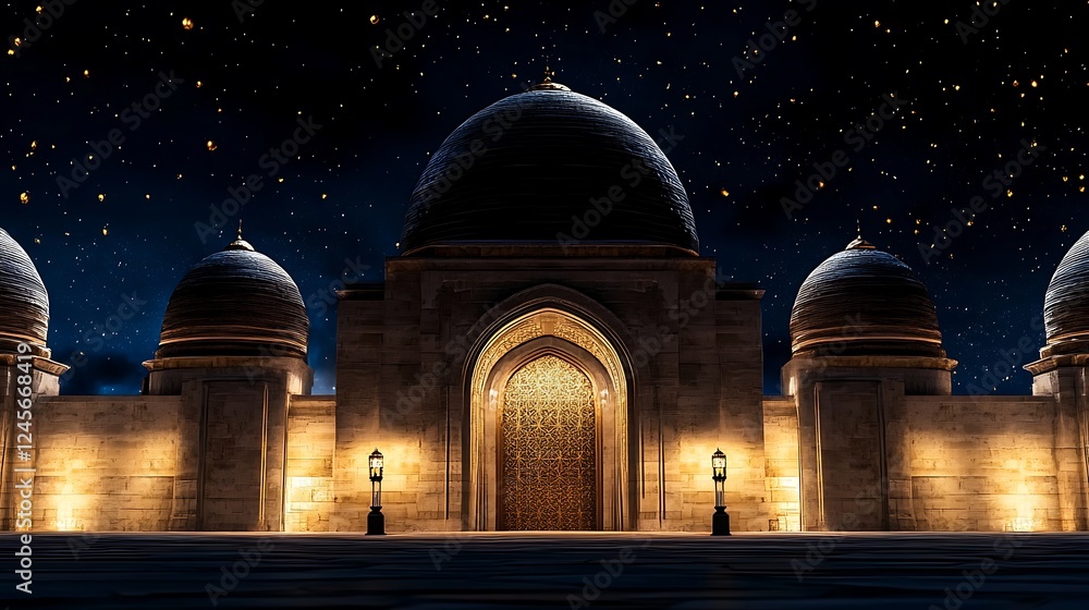 Fototapeta premium Majestic architectural structure illuminated at night under a starry sky, showcasing intricate details
