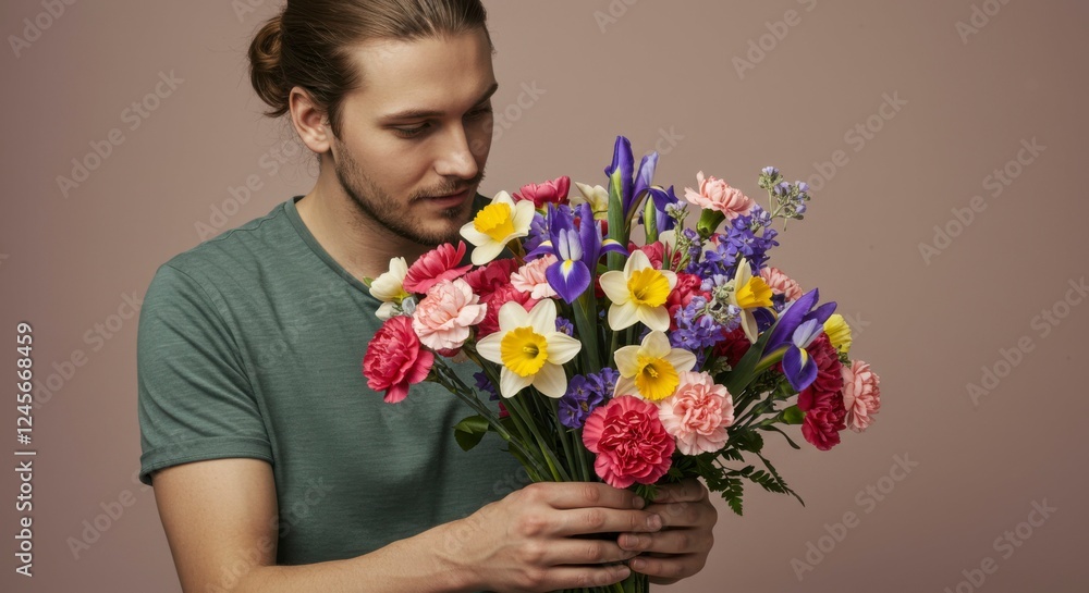 Young man holding a vibrant bouquet of flowers against a soft pink background Young man holding a vibrant bouquet of flowers against a soft pink background