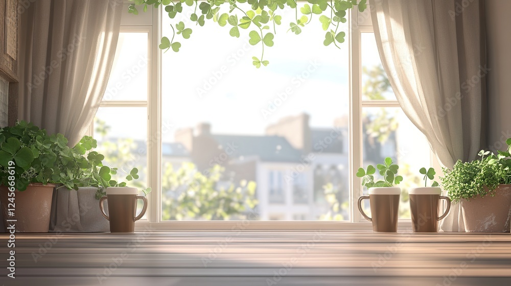 Fototapeta premium Sunny windowsill, coffee mugs, shamrocks, city view, product display