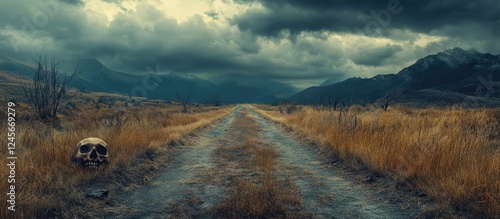 Eerie landscape of the Road of Bones with a dirt road centered under dark clouds, golden grass on either side, and a skull on the left foreground. photo