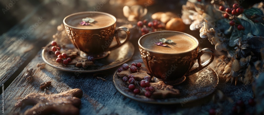 Fototapeta premium Cozy winter scene featuring two brown coffee cups with floral garnishes on plates with gingerbread cookies and berries on a rustic wooden table