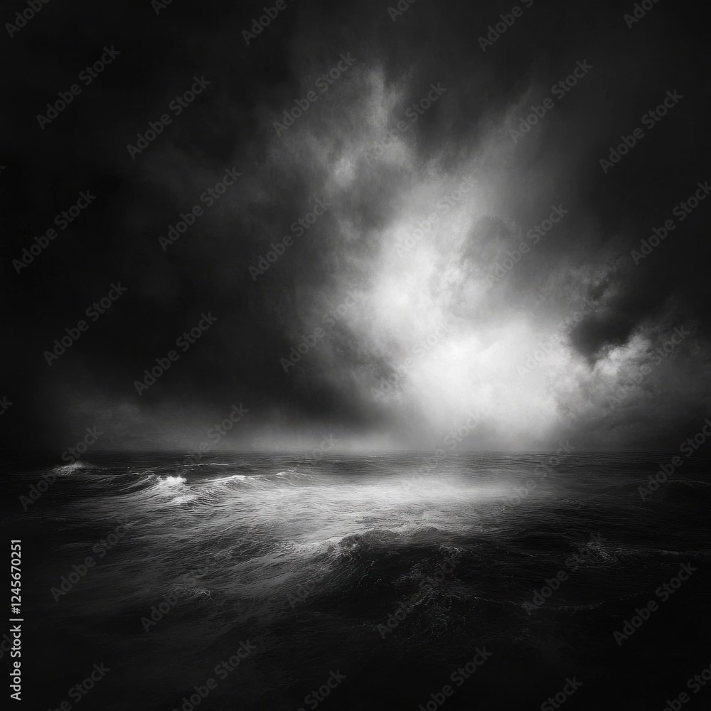Black and white photo of a storm over the ocean with dark clouds and waves crashing dramatically Black and white photo of a storm over the ocean with dark clouds and waves crashing dramatically