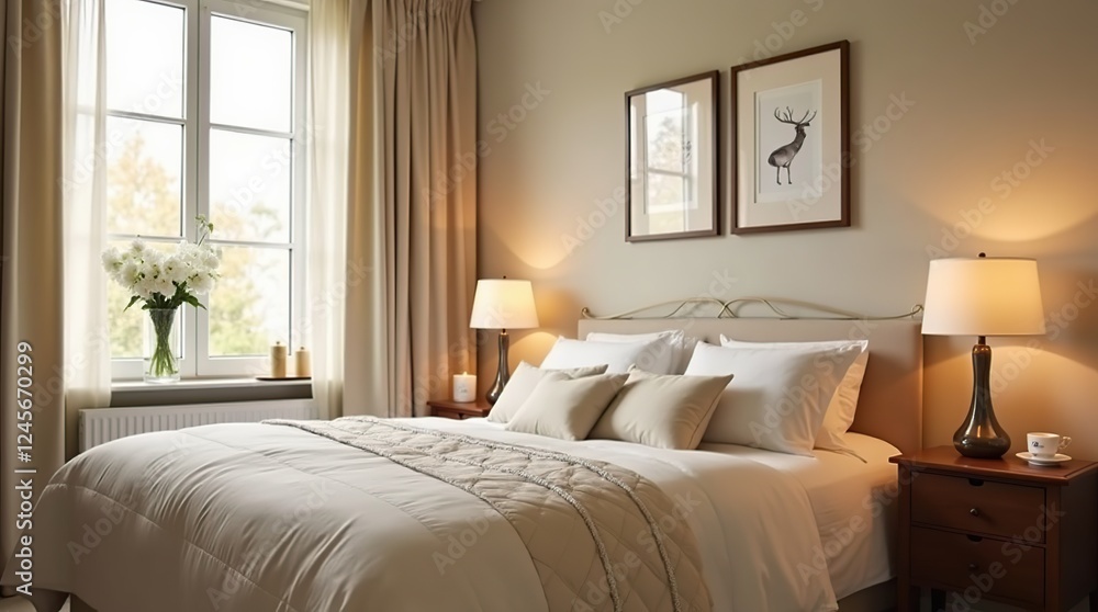 Cozy and Elegant Bedroom Interior With Cream-Toned Bedding and Warm Lighting Cozy and Elegant Bedroom Interior With Cream-Toned Bedding and Warm Lighting