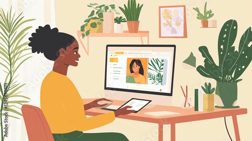 Woman video conferencing at home office desk with plants