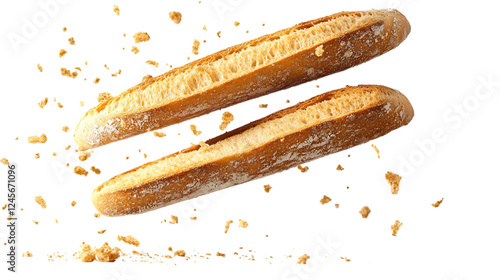 Baguette bread with falling crumbs isolated on transparent or white background
