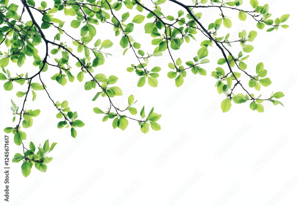Spring leaves branch, white background, nature, growth, design element Spring leaves branch, white background, nature, growth, design element
