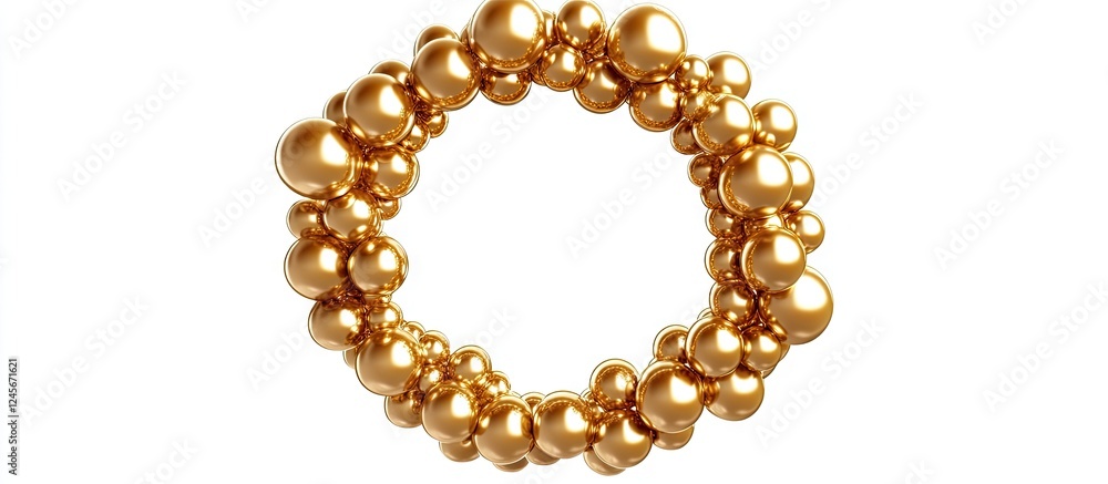 Stylish gold balloon circular wreath on a white background perfect for celebrations featuring shiny textures and a smooth rounded shape. Stylish gold balloon circular wreath on a white background perfect for celebrations featuring shiny textures and a smooth rounded shape.