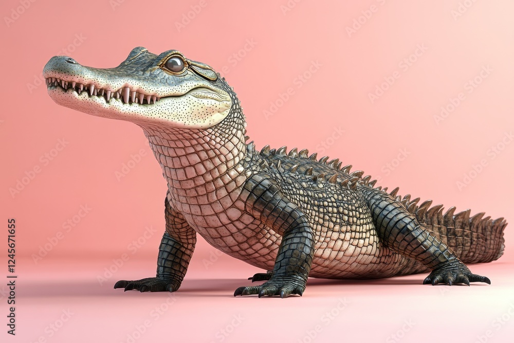 Fototapeta premium A realistic 3D rendering of a crocodile against a pink background.