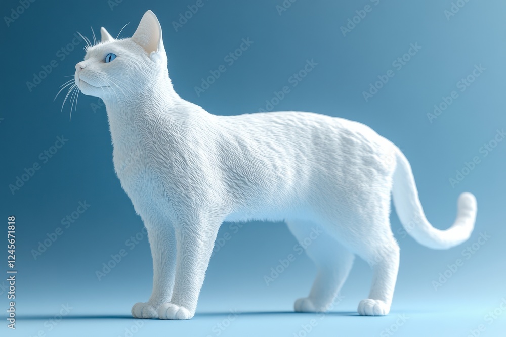 A realistic 3D rendering of a white cat with blue eyes against a soft blue background. A realistic 3D rendering of a white cat with blue eyes against a soft blue background.