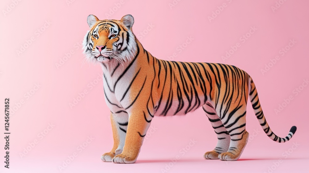 Fototapeta premium A realistic depiction of a tiger against a pink background.