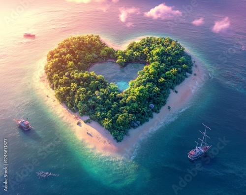 Heart-shaped island paradise, ocean sunset, sailing boats, travel poster