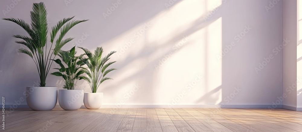 Minimalistic kitchen interior with wooden floor and sleek white furniture accented by tasteful potted plants against a light-colored wall Minimalistic kitchen interior with wooden floor and sleek white furniture accented by tasteful potted plants against a light-colored wall