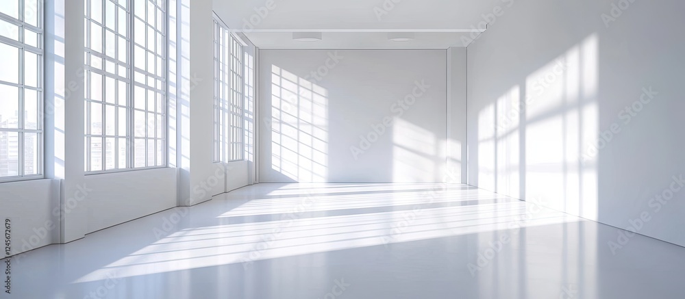 Bright and spacious office with white walls and large windows casting soft shadows creating a clean environment for professional collaboration Bright and spacious office with white walls and large windows casting soft shadows creating a clean environment for professional collaboration