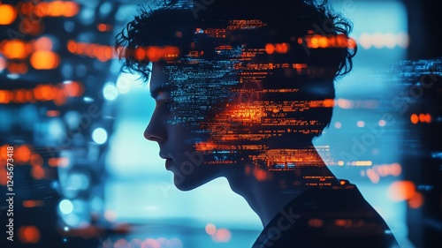 Digital Transformation with Code Overlay, A Futuristic Portrait of AI and Technology