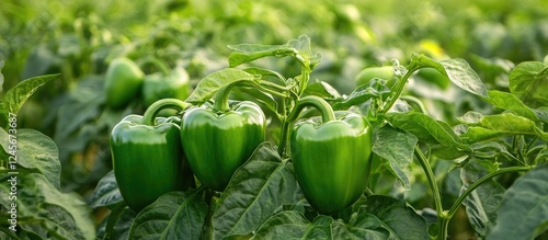 Lush green bell pepper plants grow densely in a sunlit agricultural field, exhibiting fresh produce ready for harvest with rich foliage. photo