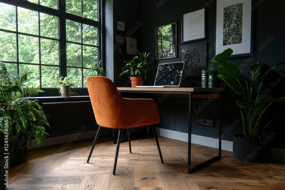 Fototapeta premium Stylish Home Office Workspace with Plants and Modern Decor